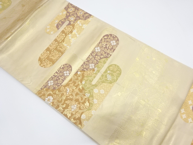 アンティーク　ヱ霞に花兎・唐花・華紋織り出し全通袋帯（材料）